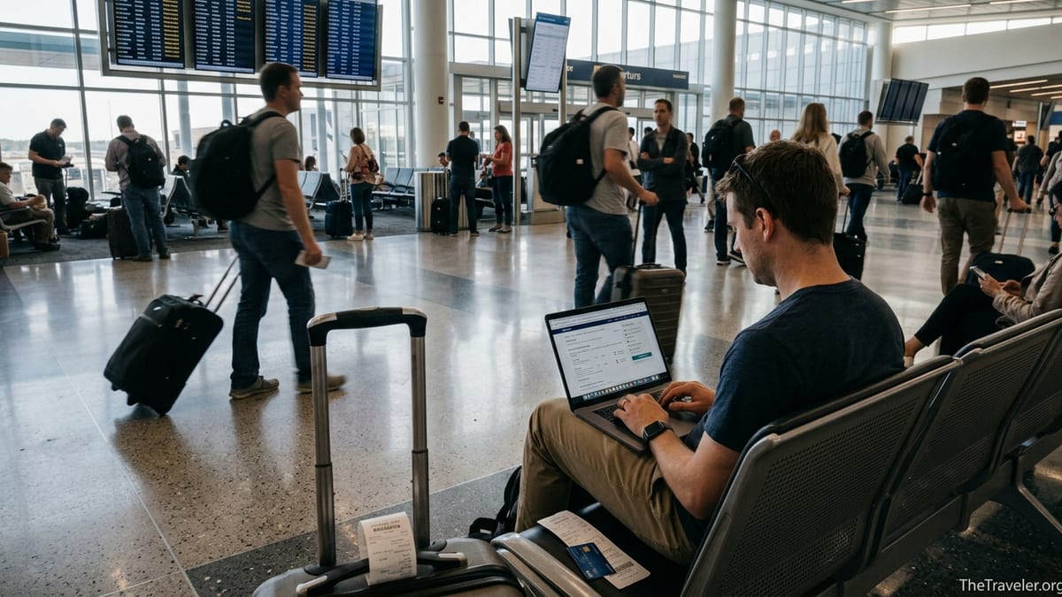 Traveler in airport terminal reviewing flight booking details and fees on a laptop.