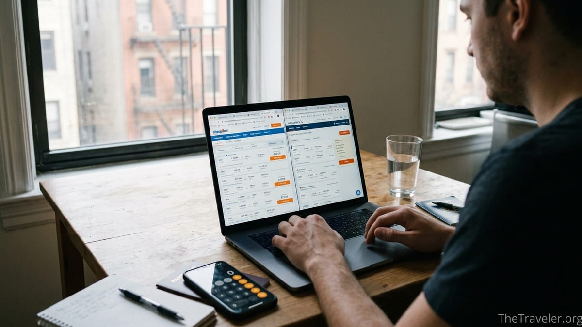 Traveler comparing CheapOair and airline prices on a laptop at a sunlit kitchen table.