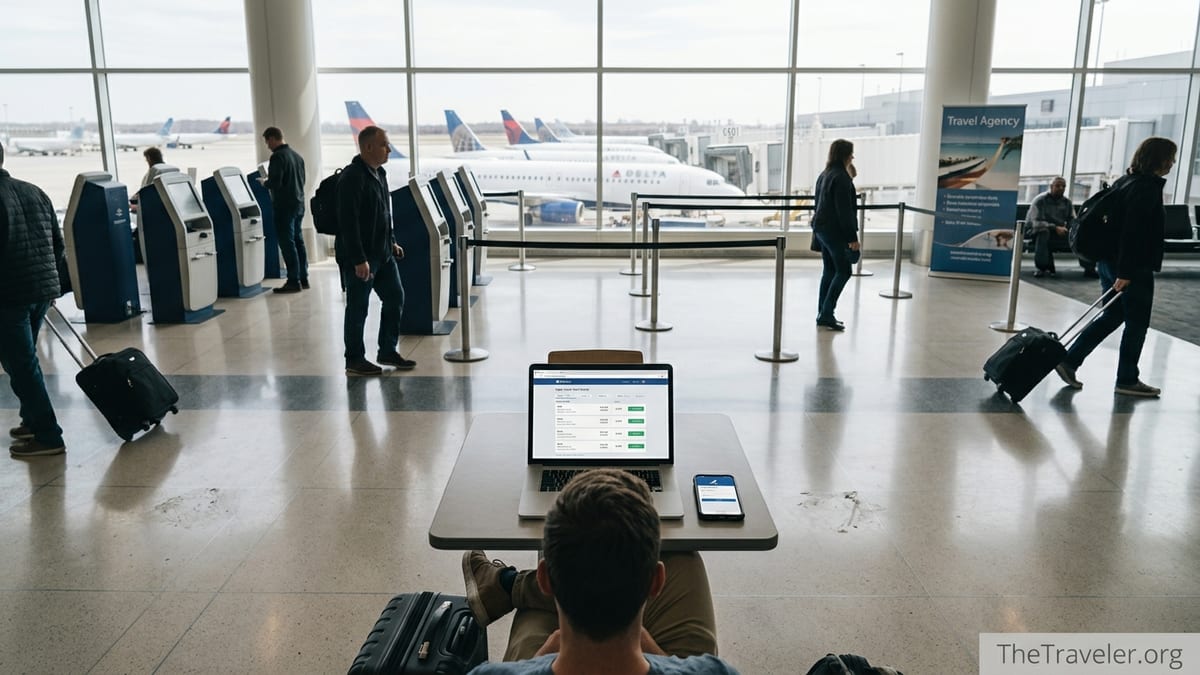 Traveler comparing flight prices on a laptop and airline app in a busy airport terminal.