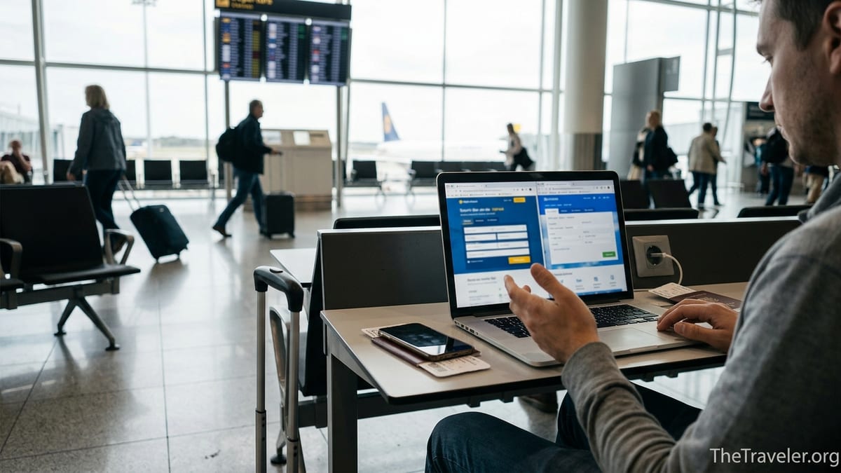Traveler comparing two flight booking websites on a laptop in a busy airport terminal.