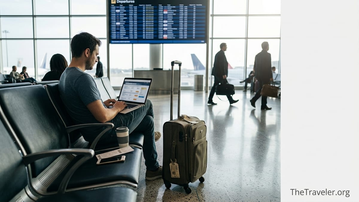 Traveler in an airport terminal comparing flight prices on a laptop before booking.