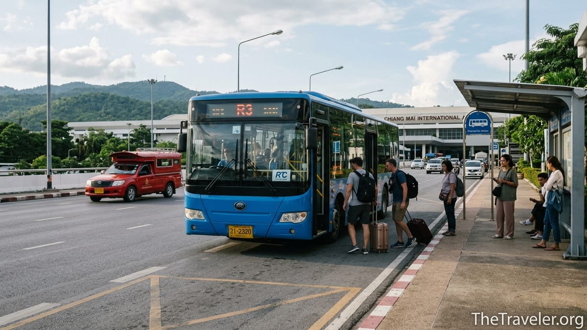 Travelers boarding an RTC city bus outside Chiang Mai International Airport in daytime.