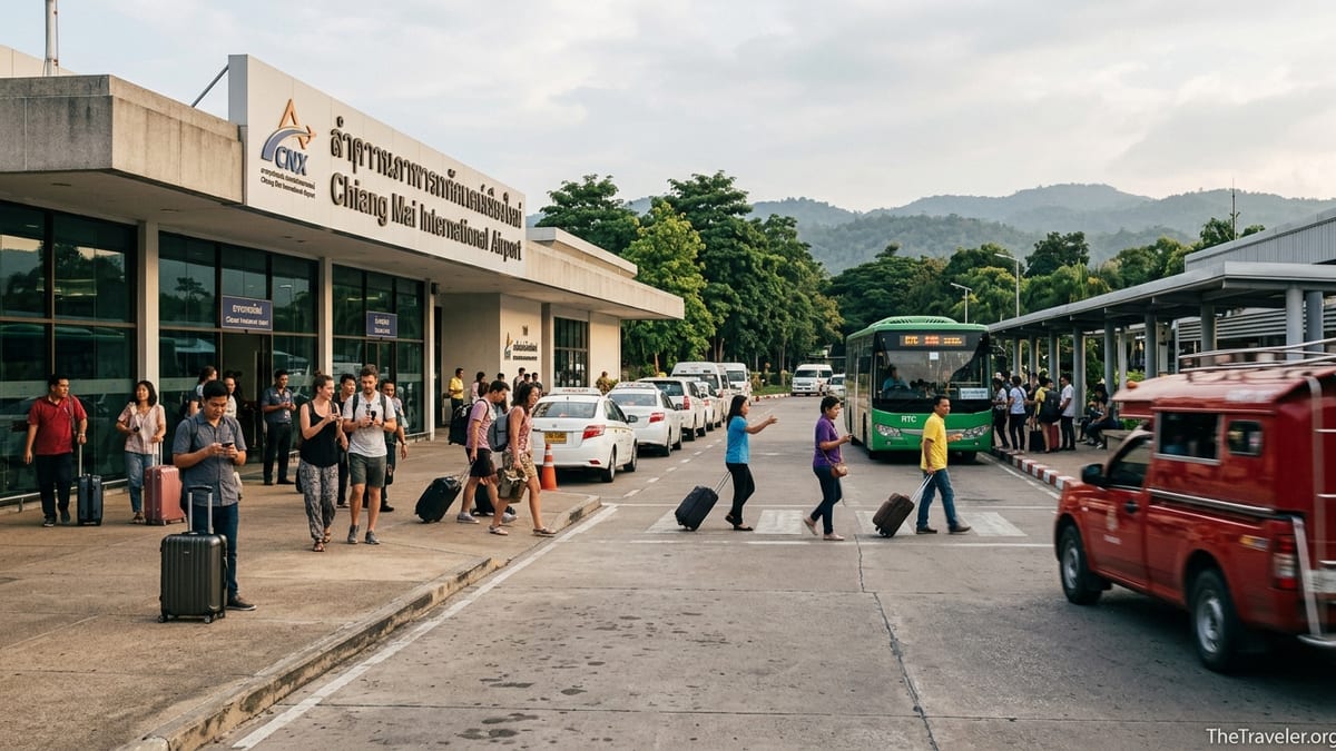 Travelers leaving Chiang Mai International Airport toward taxis and a city bus.