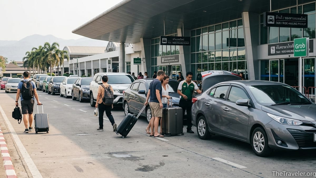 Travelers with suitcases heading to the Grab and taxi pickup lane outside Chiang Mai Airport arrivals.