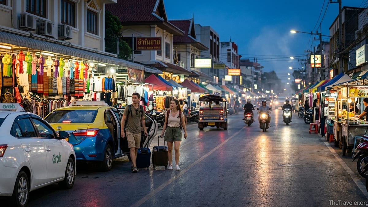 Taxi and Grab car dropping travelers at Chiang Mai Night Bazaar in the evening.