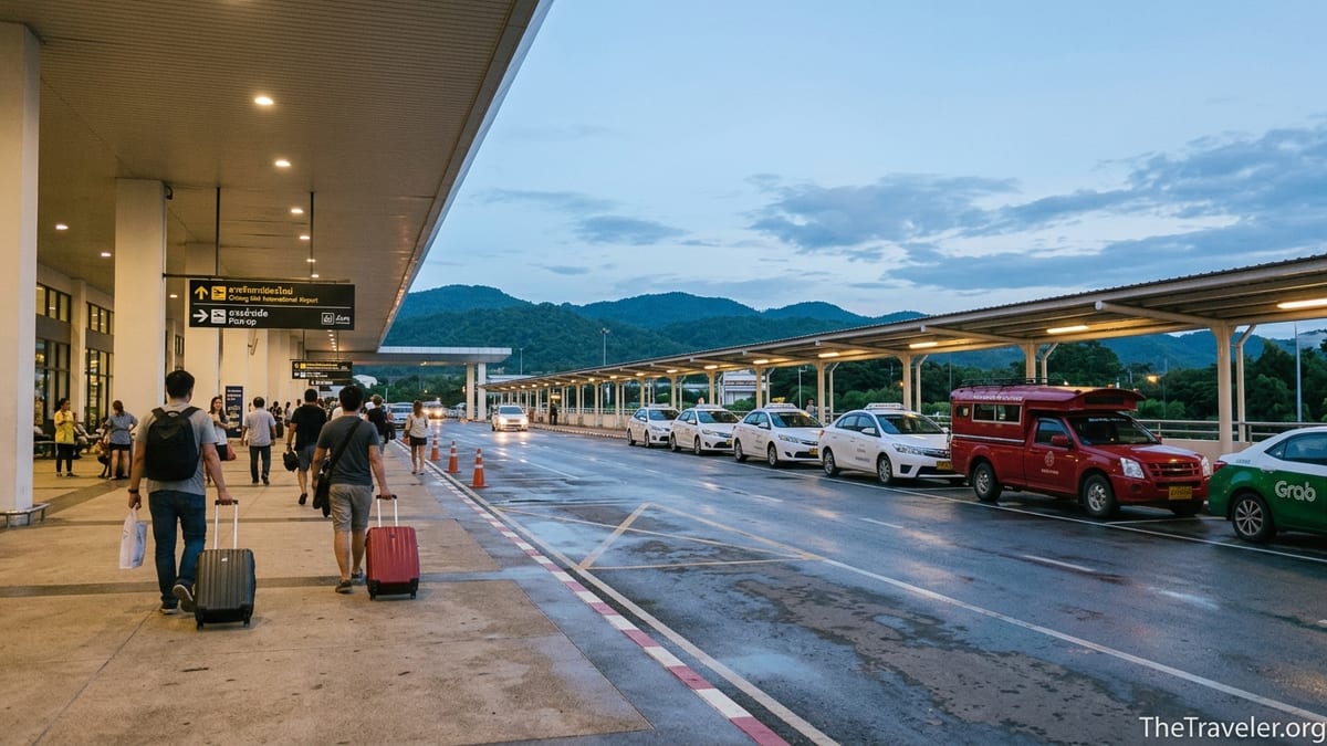 Arrivals area at Chiang Mai Airport with taxis and a red songthaew waiting for passengers.