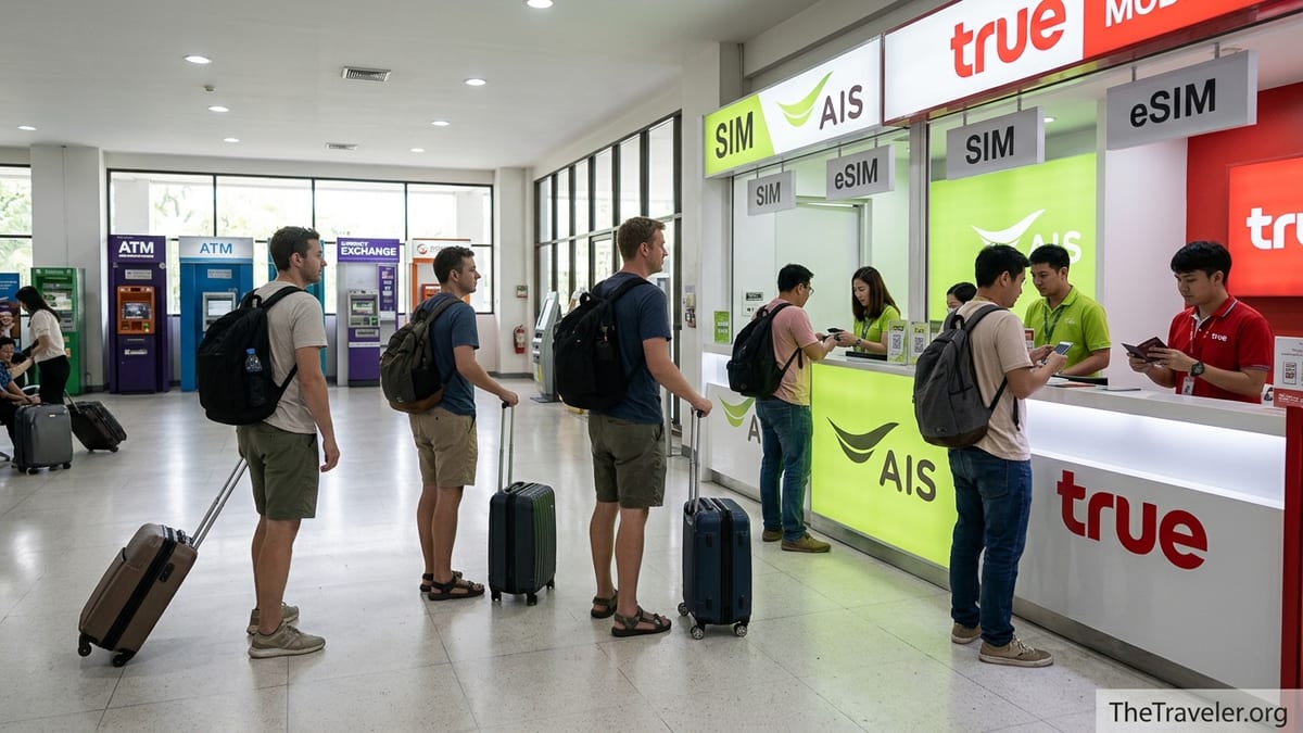Travelers buying SIM cards at AIS and True counters in Chiang Mai Airport arrivals hall.