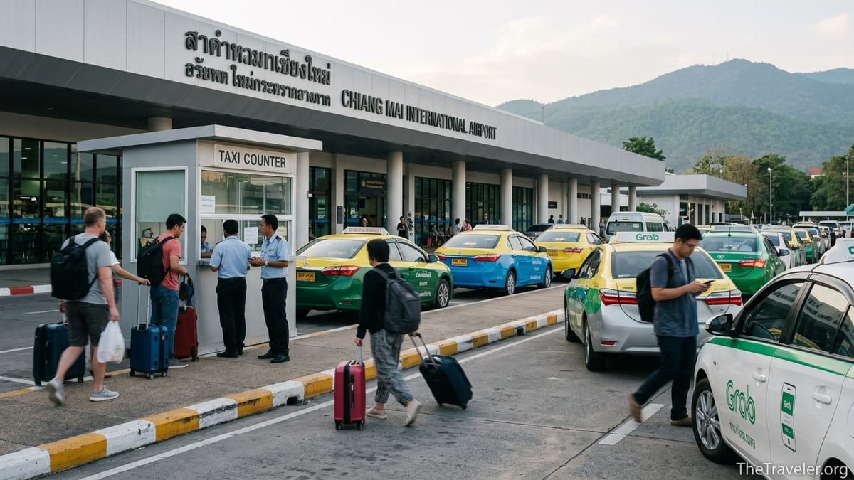 Travelers with luggage getting taxis and Grab cars outside Chiang Mai International Airport arrivals.