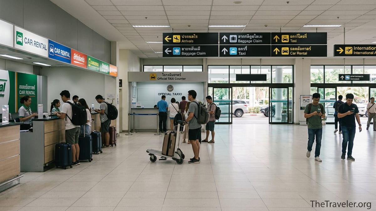 Arrivals hall at Chiang Mai International Airport showing taxi and car rental counters.