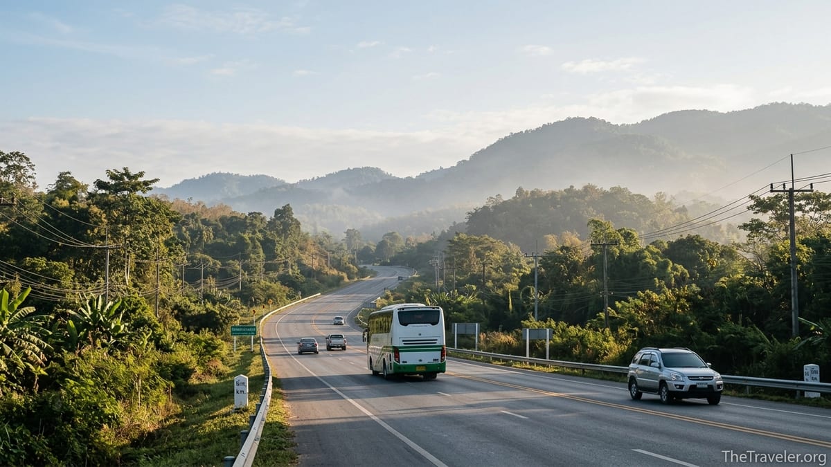 Green Bus coach and cars on Highway 118 between Chiang Mai and Chiang Rai in early morning light.