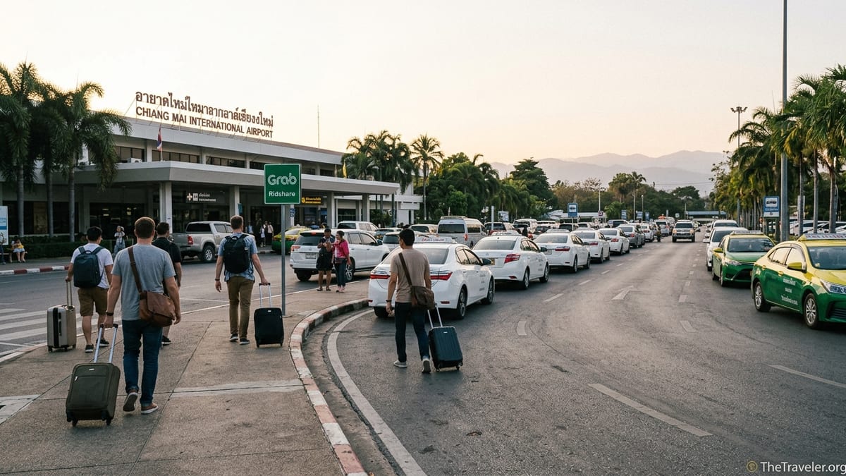 Taxis and Grab pickup area outside Chiang Mai International Airport at sunset.