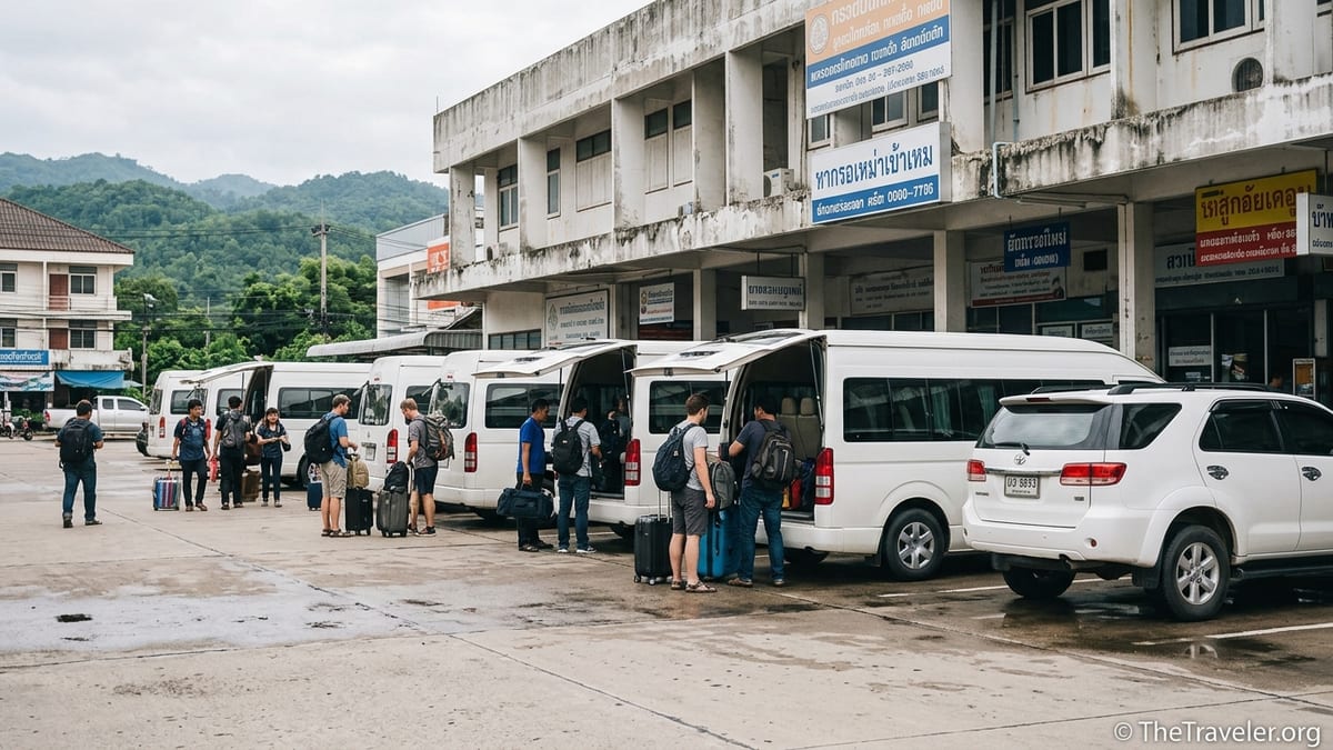 Travelers loading minivans and a private SUV at Chiang Mai Arcade bus station for the winding road to Pai.