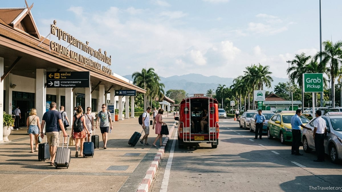 Travelers exiting Chiang Mai Airport toward taxis and a red songthaew bound for the Old City.