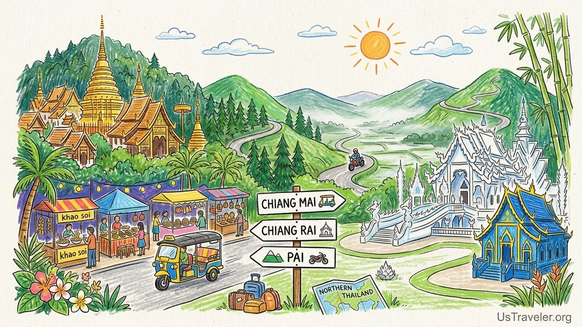 Chiang Mai, Chiang Rai, and Pai vibe comparison with temples and misty mountains in Northern Thailand.