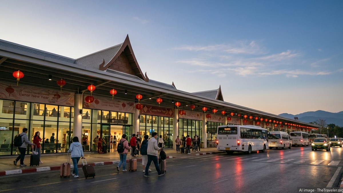 Evening crowds outside Chiang Mai International Airport decorated for Lunar New Year.