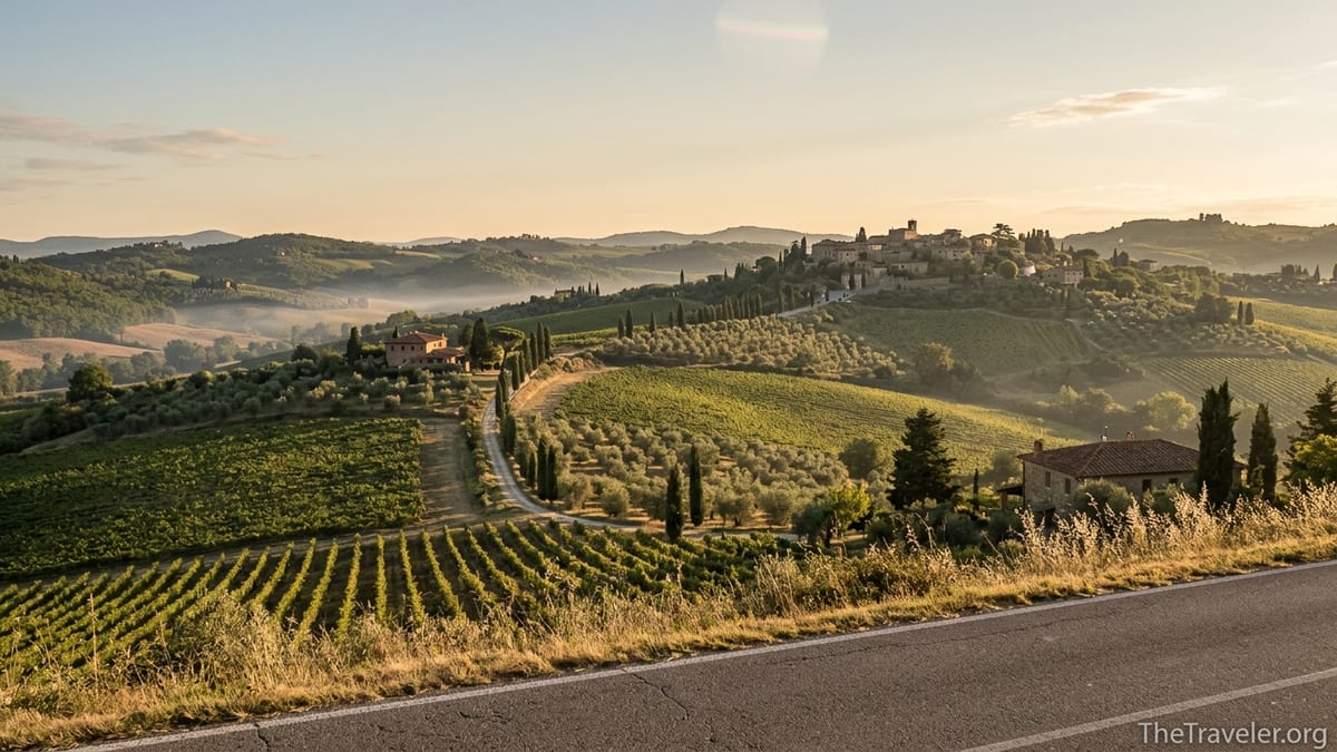 Sunrise over Chianti vineyards and a stone hilltop village in Tuscany.