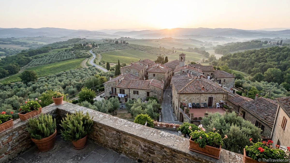 Sunrise over a quiet Chianti hilltop village with vineyards and olive groves below.