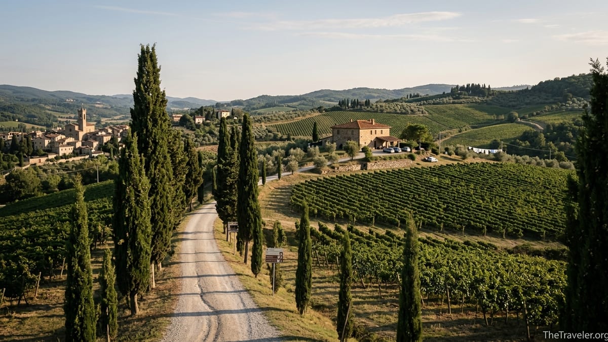 Curving Tuscan road through vineyards and cypress trees in Chianti at golden hour.