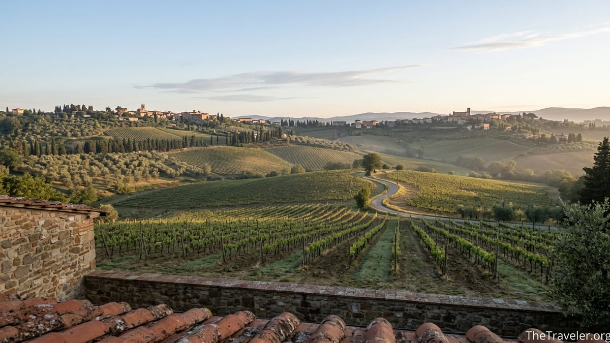 Sunrise over rolling vineyards and hilltop villages in Tuscany’s Chianti region.