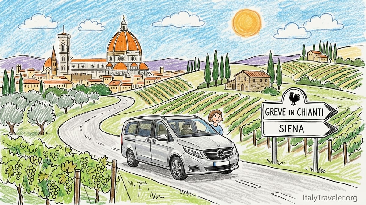 Vineyards and olive groves along the Chiantigiana with a small tour van and hilltop village in the distance.
