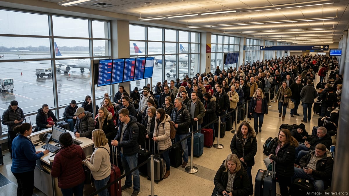 Crowded gate at Chicago Midway with passengers waiting as departure boards show delays and cancellations.