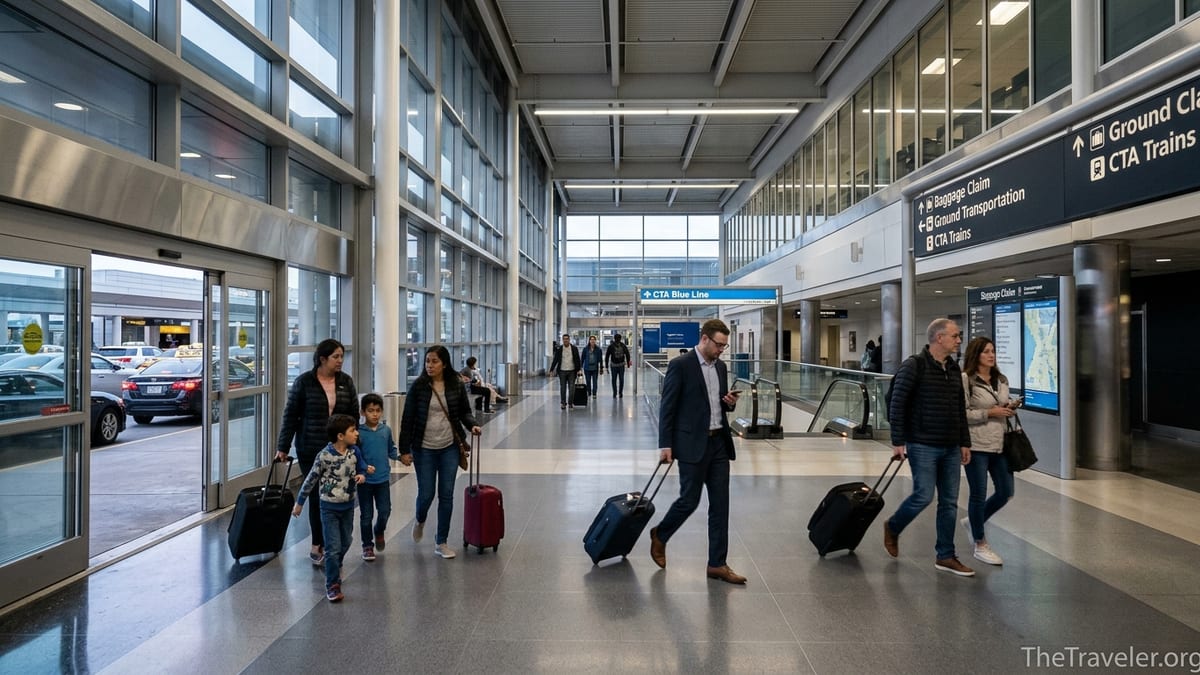 Travelers walking through Chicago O’Hare arrivals toward baggage claim and ground transportation signs.