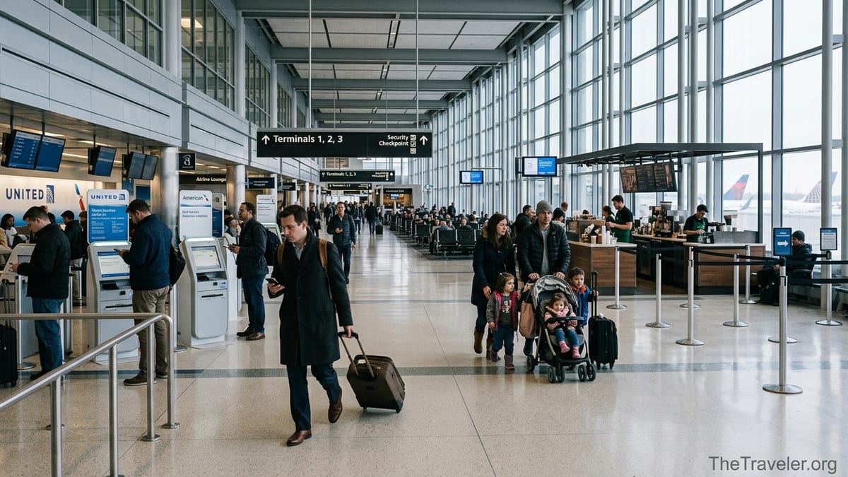 Travelers queue at Chicago O’Hare departures hall near security and check-in areas.