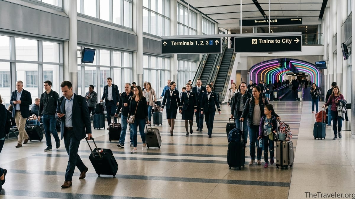 Busy concourse at Chicago O’Hare Airport with travelers, signs, and large windows in soft daylight.