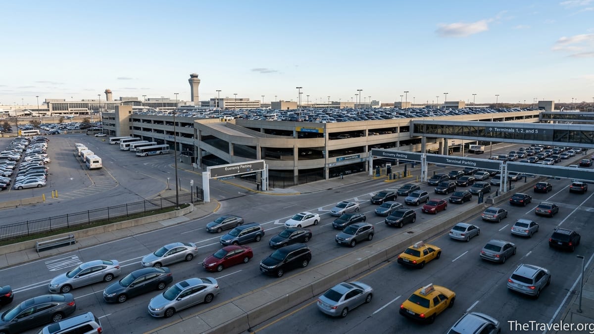 Morning traffic entering parking garages and economy lots at Chicago O’Hare Airport.