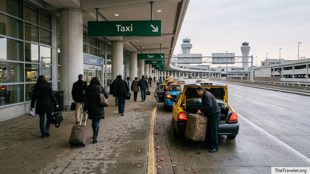 Travelers lining up for taxis at the official taxi rank outside Chicago O’Hare Terminal 3.
