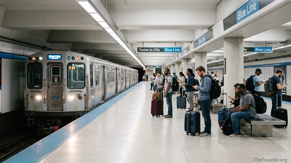Travelers with luggage waiting for a CTA Blue Line train at Chicago O’Hare station.