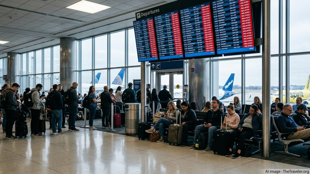 Passengers waiting under a departure board showing multiple delayed flights at Chicago O’Hare.