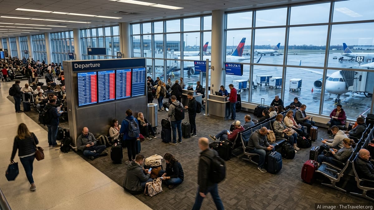 Crowded Chicago O’Hare airport concourse with passengers waiting under boards showing multiple delayed flights.