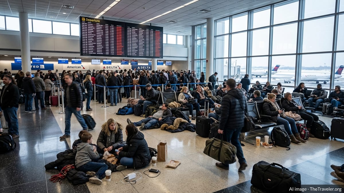 Crowded terminal at Chicago O’Hare with stranded travelers and delayed flight boards.