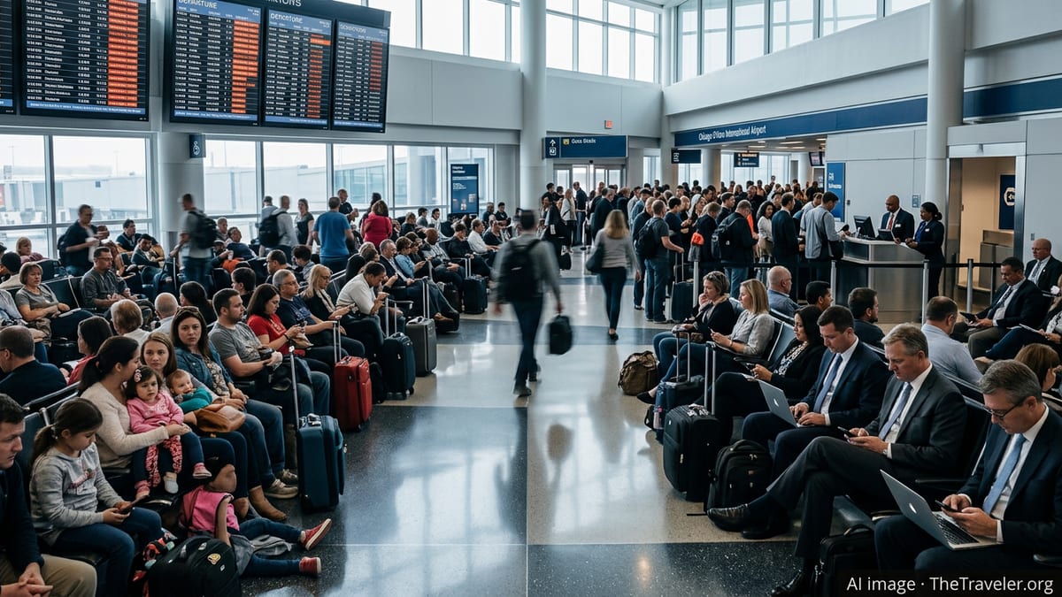 Crowded Chicago O’Hare concourse with stranded passengers and delay boards.