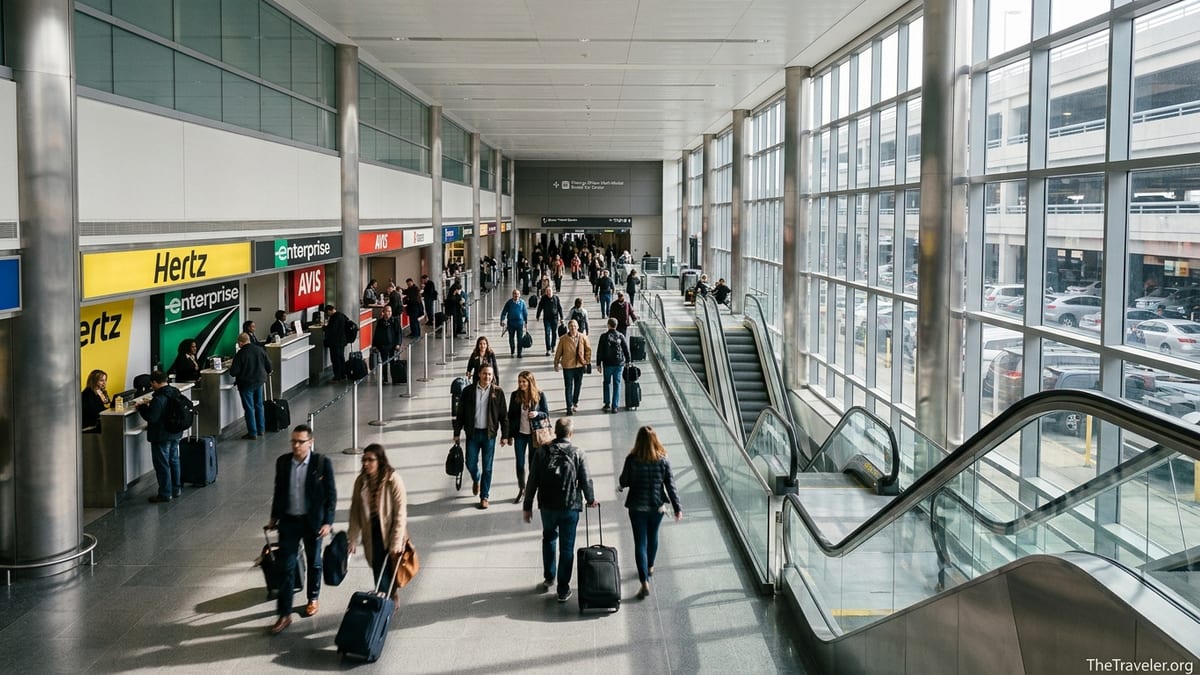 Travelers walk through Chicago O’Hare’s bright Multi-Modal Facility rental car center toward the garage and ATS connection.