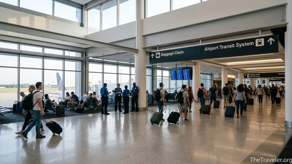 Travelers walking through Chicago O’Hare Terminal 5 arrivals toward baggage claim and train signs.
