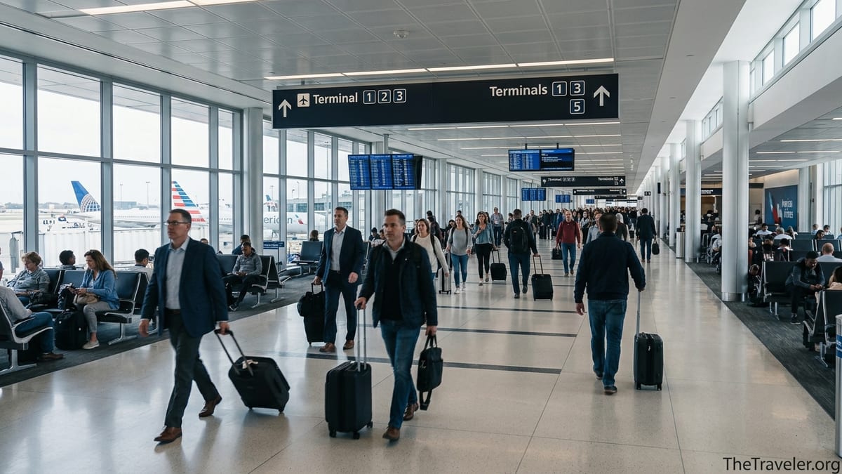 Passengers walking through a bright concourse at Chicago O’Hare with aircraft visible outside.