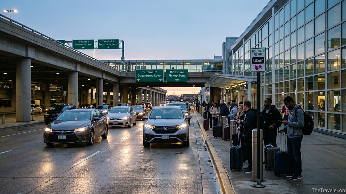 Travelers waiting at Chicago O’Hare Terminal 2 departures curb in the rideshare pickup zone as Uber and Lyft cars arrive.