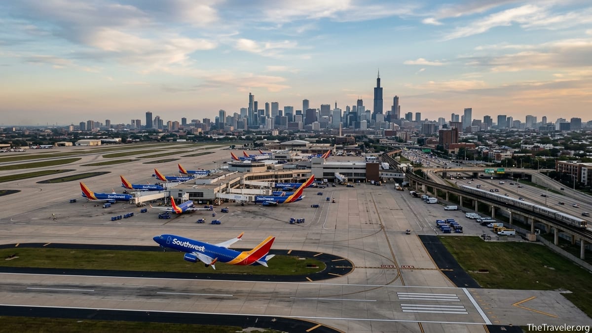 Early evening view of Chicago Midway with a Southwest jet and downtown skyline beyond.