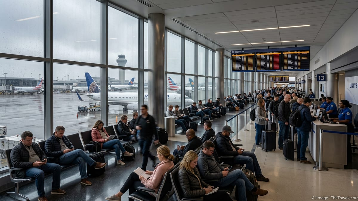 Crowded gate area at Chicago O’Hare with delayed passengers and rainy tarmac outside.