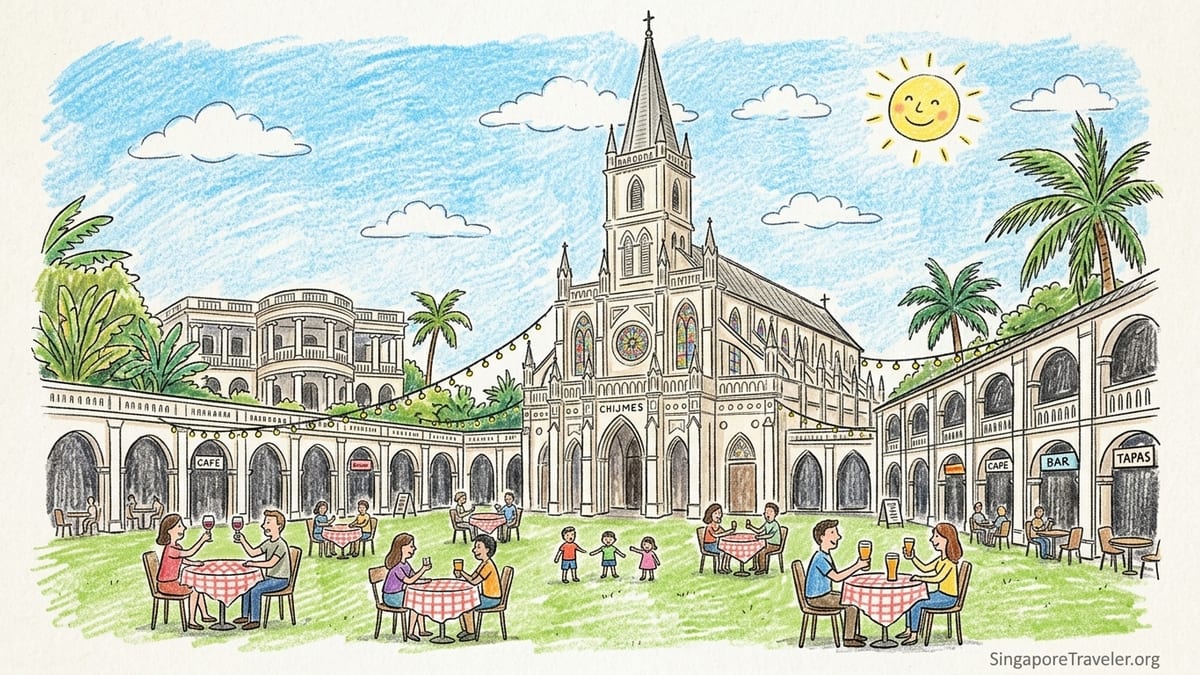 Evening view of CHIJMES Singapore with lit chapel, lawn and outdoor dining tables.