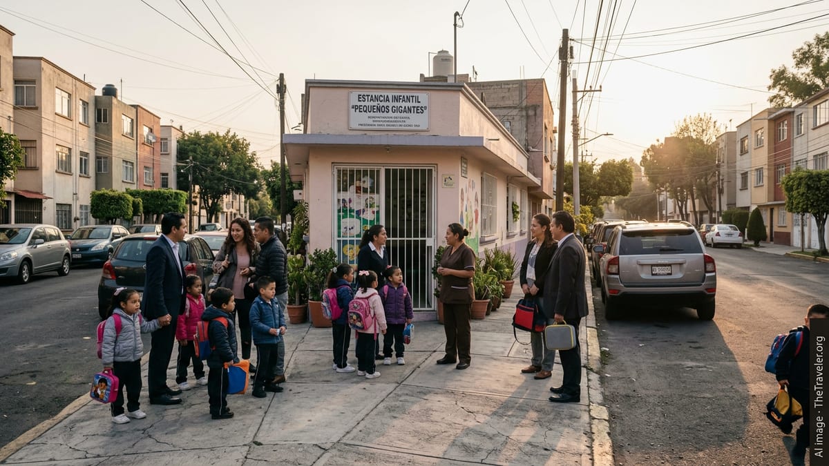 Parents picking up children from a private daycare in a Mexico City neighborhood.