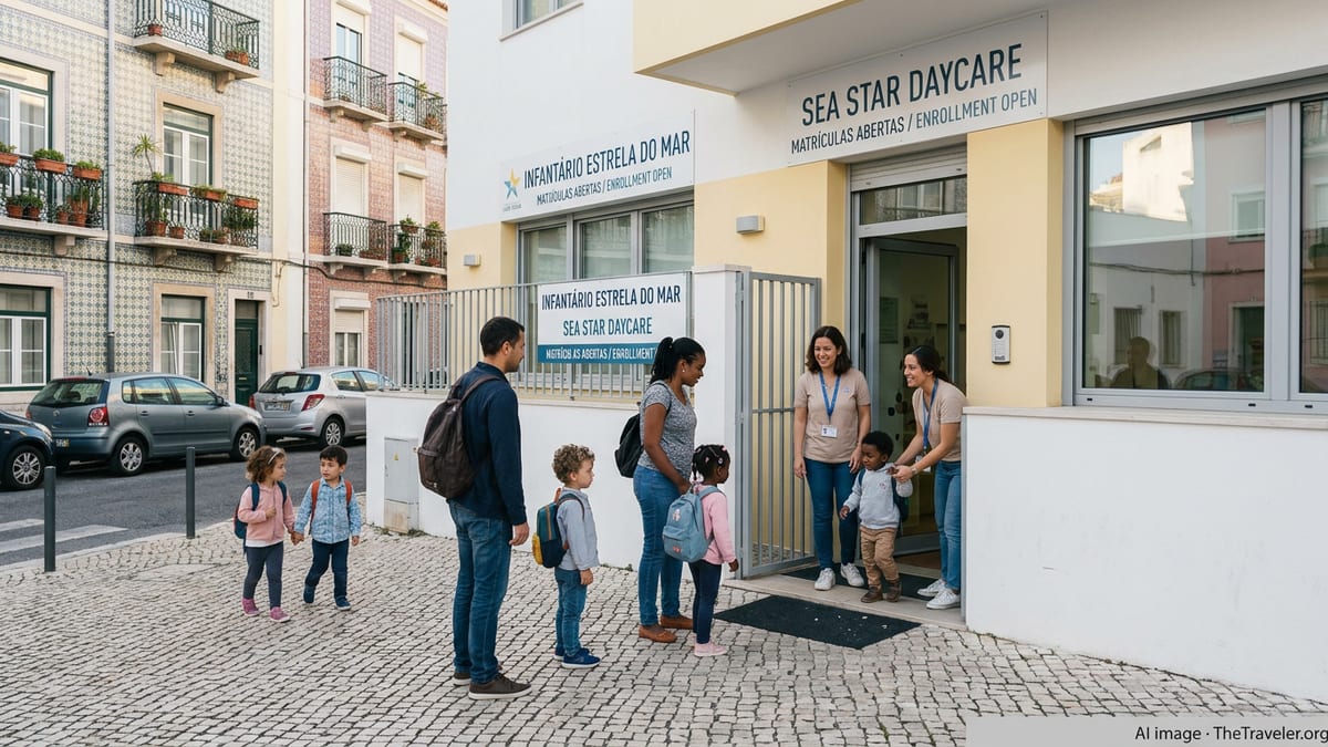 Parents and young children outside a modern daycare center in Lisbon, Portugal.