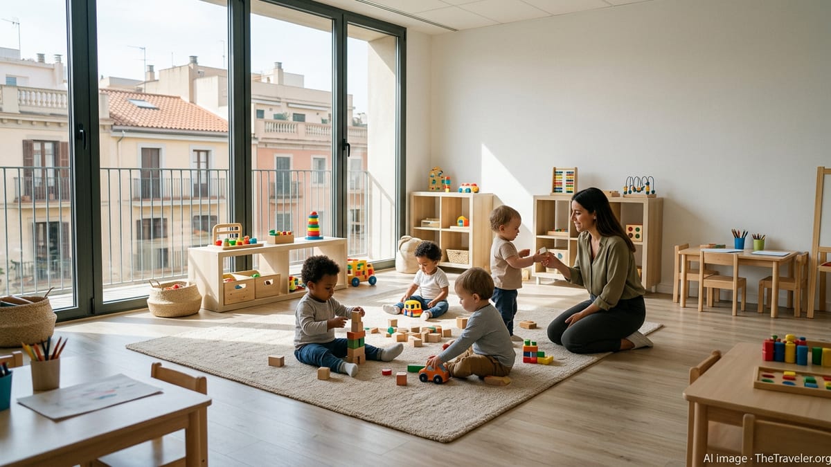 Toddlers playing in a bright Spanish childcare center with caregiver nearby.