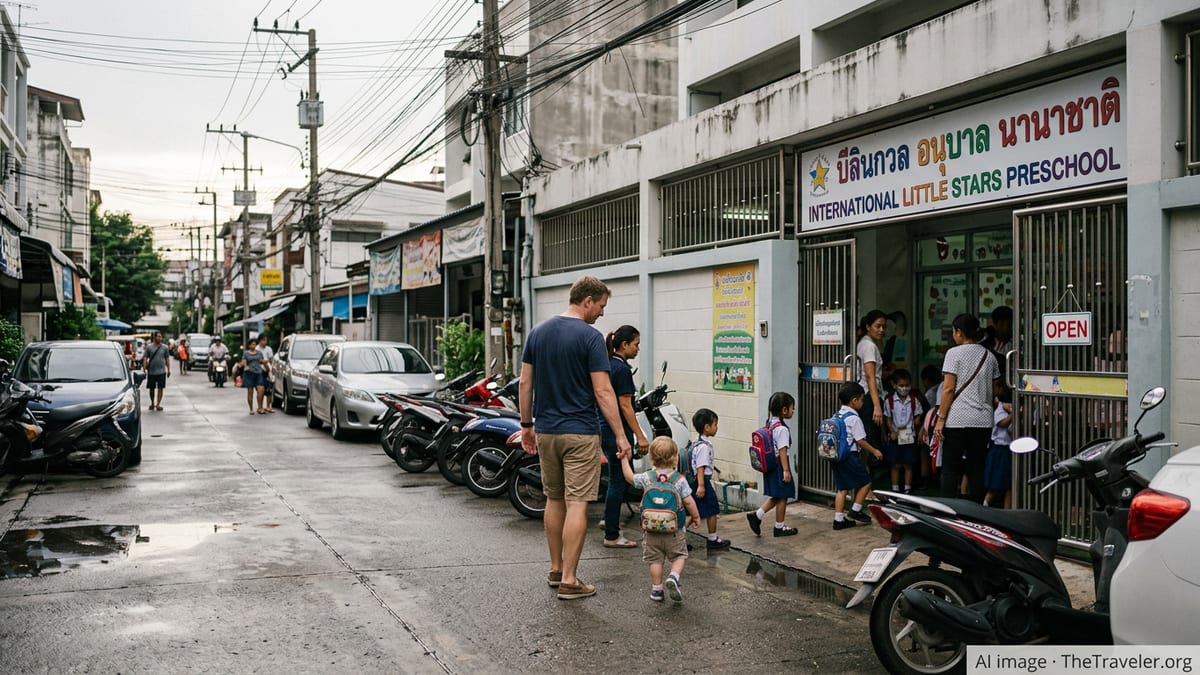 Expat parent walking child toward a bilingual preschool on a Bangkok side street.