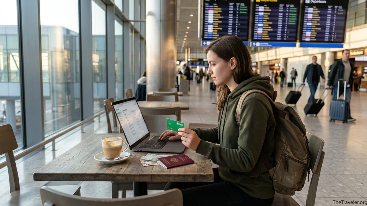 Traveler reviewing Chime card and cash at an airport café table before an international flight.