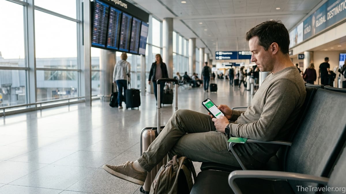 Traveler in an airport using a banking app on their phone beside a small suitcase.