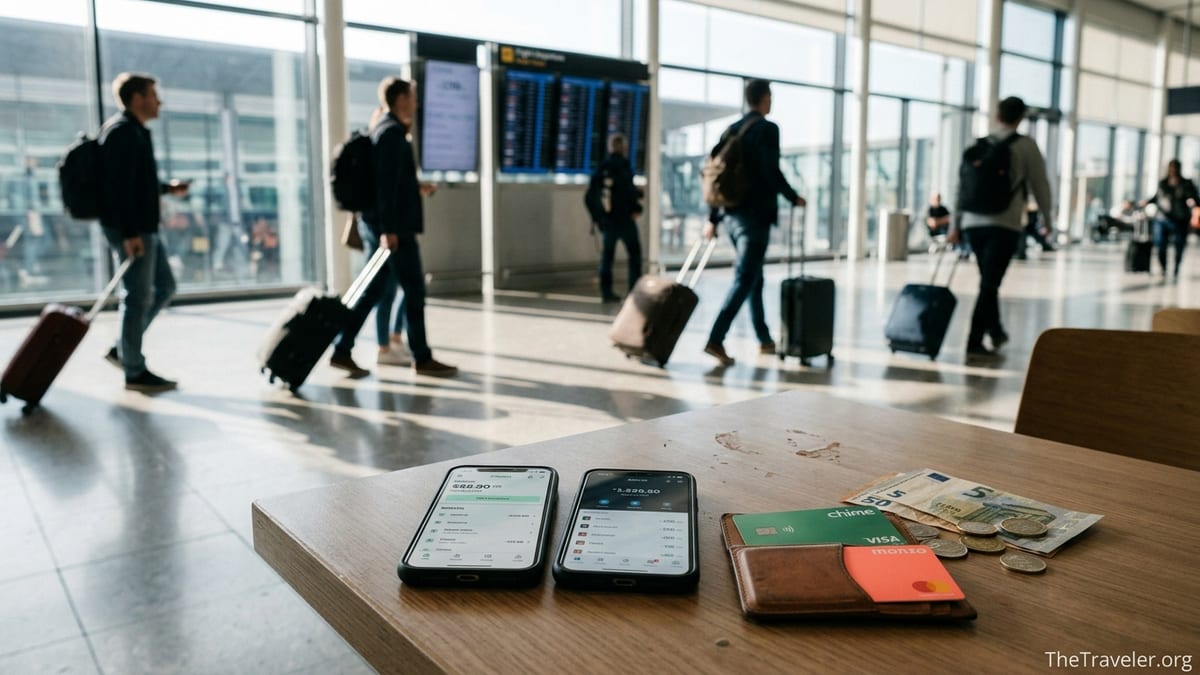 Smartphones showing Chime and Monzo apps on a café table in an airport departure lounge.
