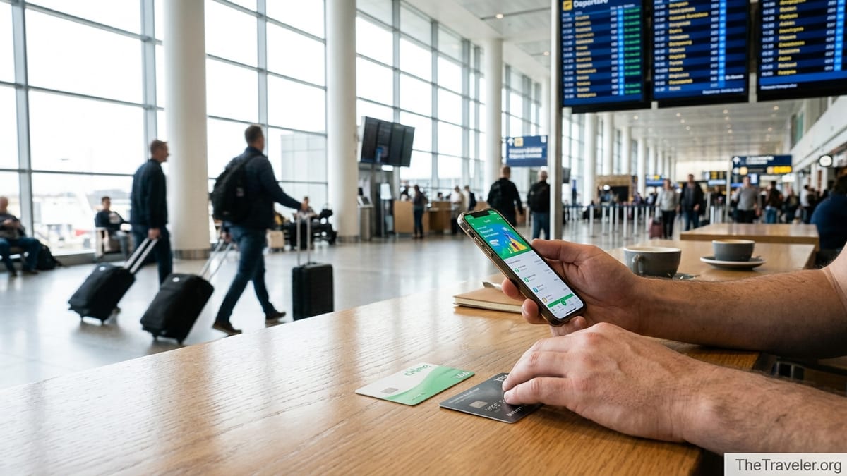Traveler in an airport café comparing two payment cards and a money app on their phone.